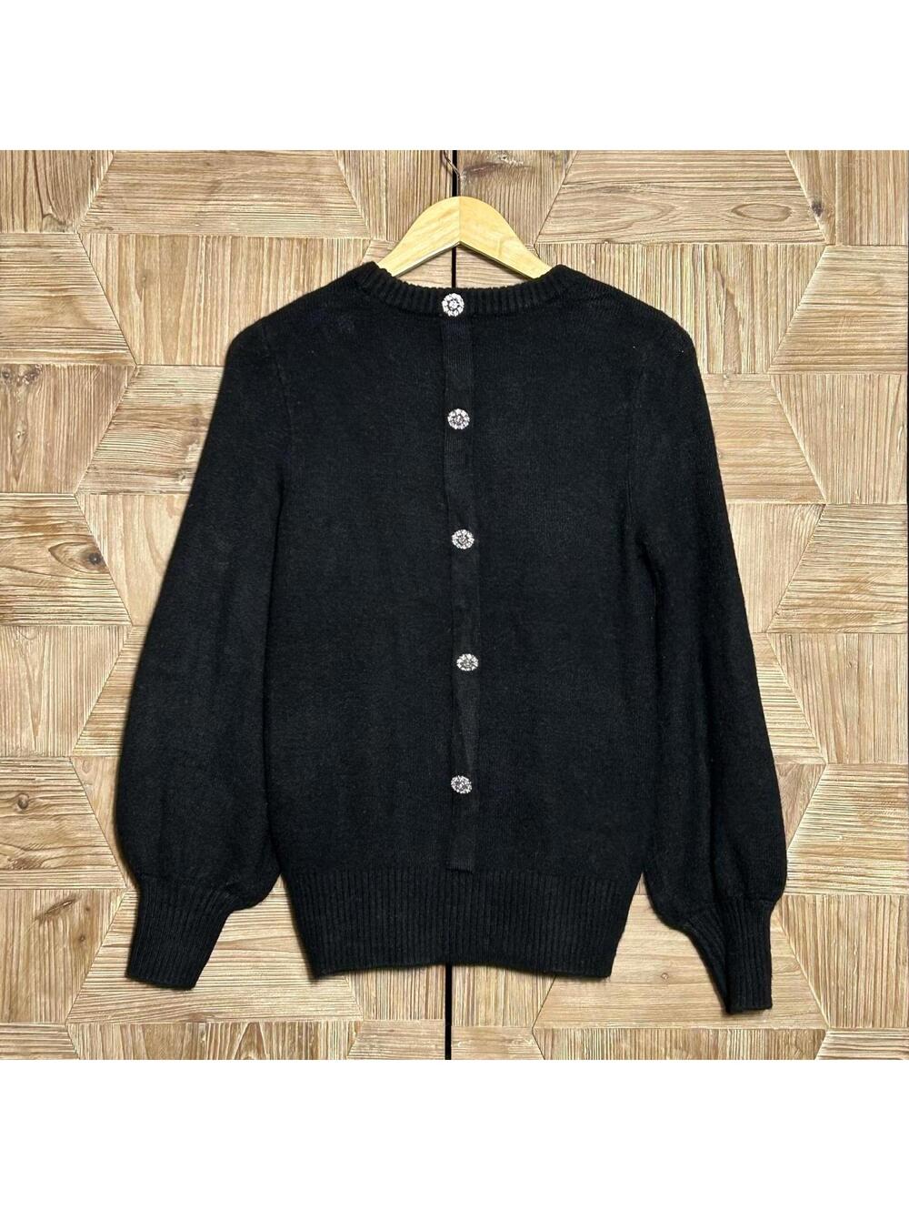 Crown & Ivy Black Rhinestone Button Back Sweater Balloon Sleeve Quiet Luxury - Picture 3 of 6